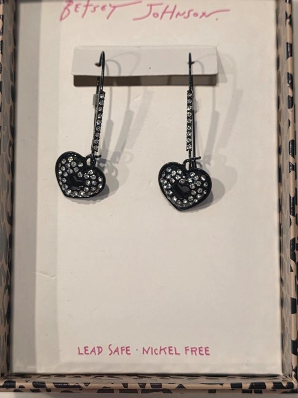 Betsey Johnson Black Heart Crystal Dangle Earrings